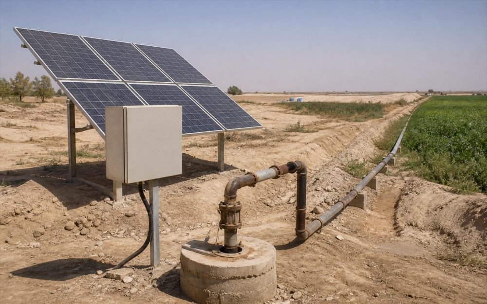 Solar panels powering a well pump next to a green field